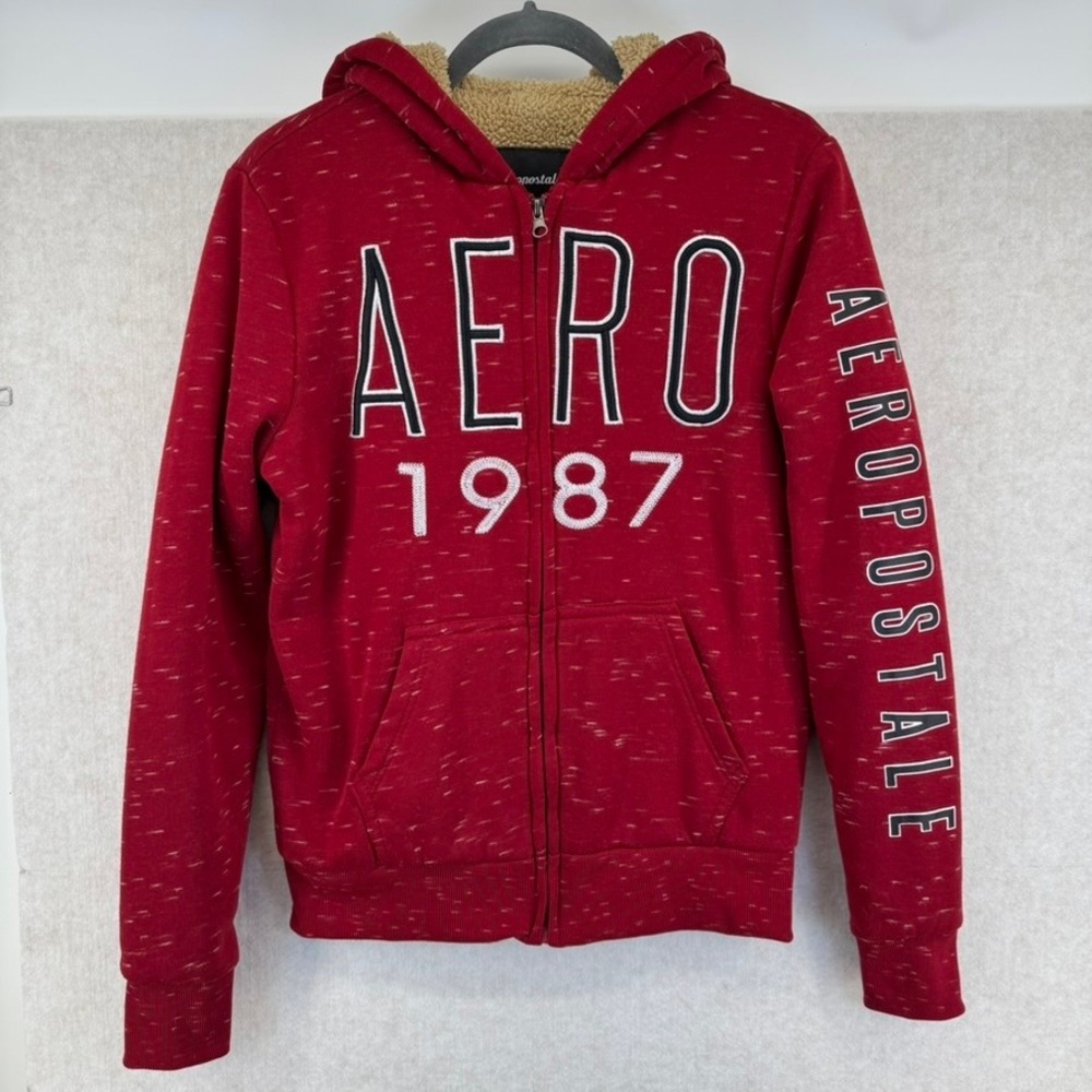 Aeropostale Youth Red Speckled Sherpa Lined Zip Up Hoodie Sweatshirt Size S